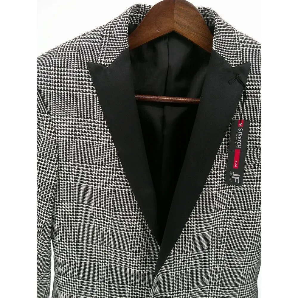 Mens JF Ferrar Black Plaid Stretch Suit Jacket Blazer Small 34-36 Slim New